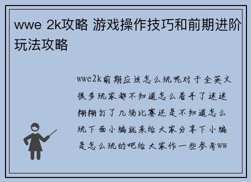 wwe 2k攻略 游戏操作技巧和前期进阶玩法攻略