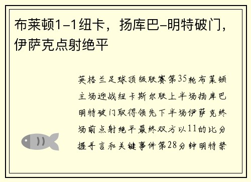 布莱顿1-1纽卡，扬库巴-明特破门，伊萨克点射绝平